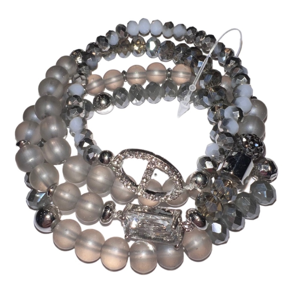 Four Strand Smoky Grays, Hematite Color Beaded Charm/Gem Bracelet